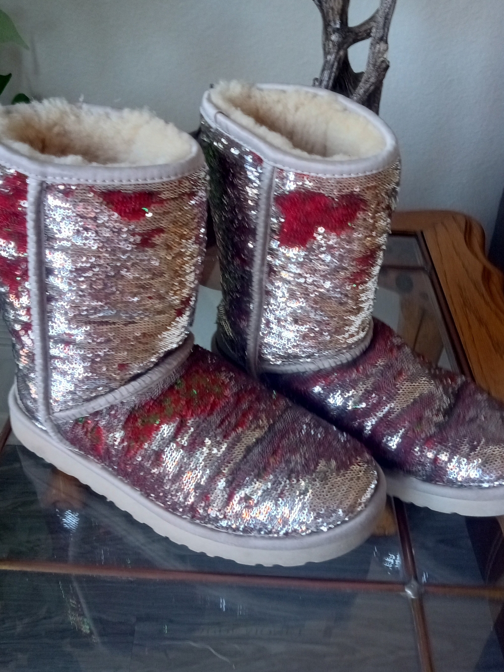 UGG Women's Sequin Winter Boots Silver Red Metallic Size 7
